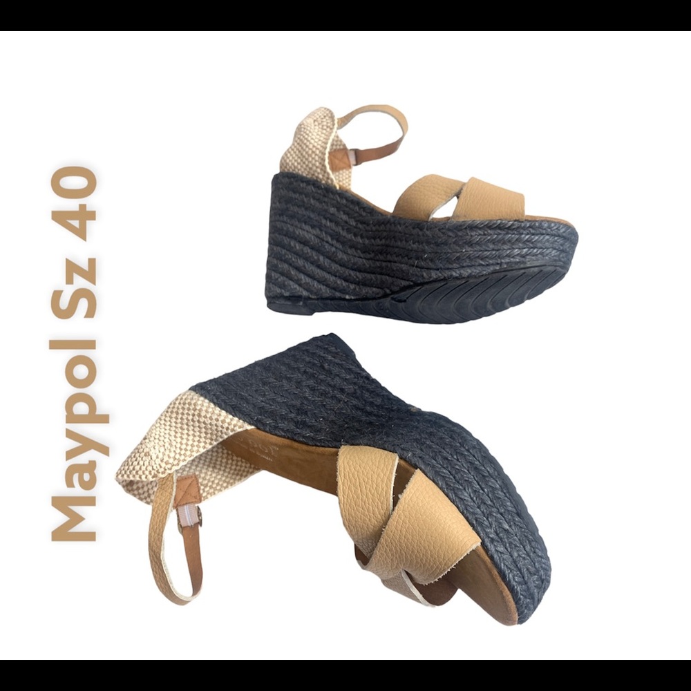 New Maypol Espadrille Platform Sandal Tan Leather Ankle Strap Sz10 Made In Spain